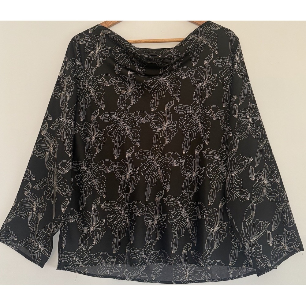 Ann Taylor Factory Black Floral Long Sleeve Blouse Women's Size L